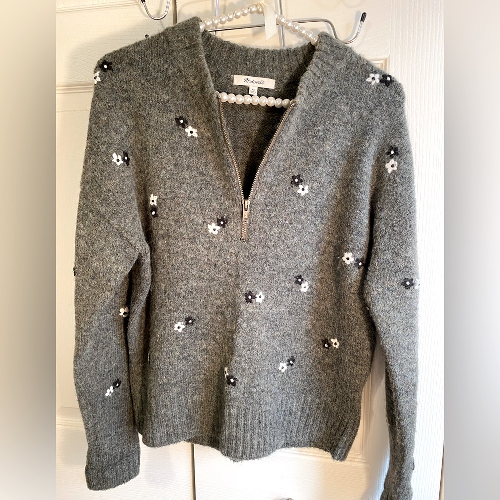 madewell gray wool embroidered daisy quarter zip sweater